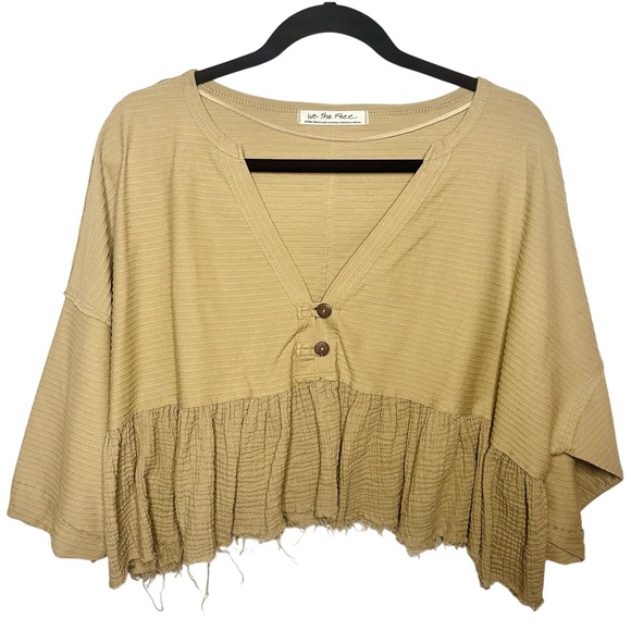 Free People Dallas Henley Top Native Land Size XS Oversized Mixed Media Ruffle - Picture 2 of 15